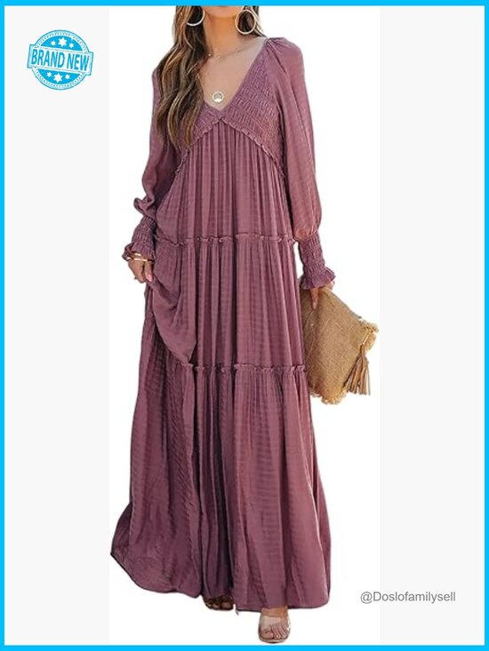 Dresses & Skirts - Long Sleeve V Neck Maxi Dress Empire Waist Boho Flowy Casual Elegant